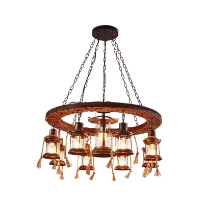 9 Light LED Hanging Lantern Country Metal and Wood Pendant Chandelier with Rope for Restaurant