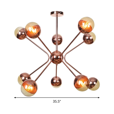 Amber Glass Orb Chandelier Light Modernist 12 Bulbs Pendant Lighting Fixture in Rose Red with Metal Arm