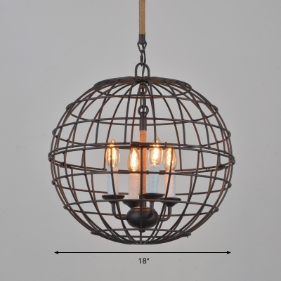 Black Globe Pendant Chandelier Traditionary Metal 4 Heads Dining Room Hanging Ceiling Light