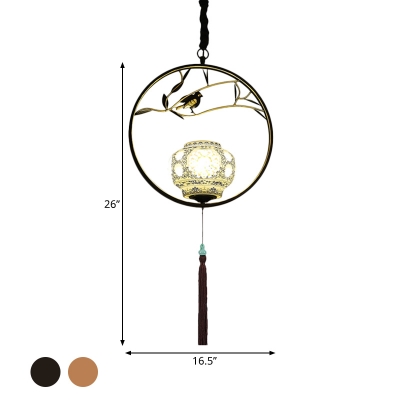 Black/Gold Circle Down Lighting Pendant Traditional Metal 1 Light Restaurant Ceiling Suspension Lamp with Porcelain Shade