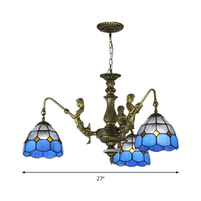 Blue Mermaid Chandelier Light Fixture Mediterranean 3/5/9 Bulbs Multicolored Stained Glass Pendant Lamp for Kitchen