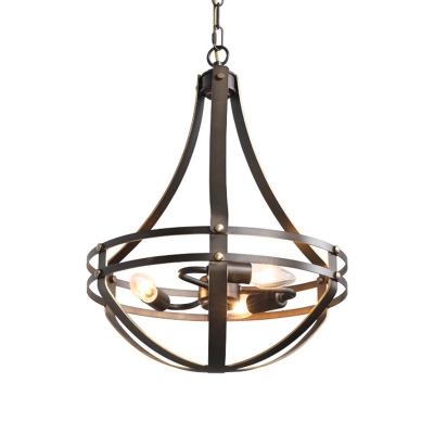Bowl Cage Chandelier Lamp Industrial Style Metallic 3 Lights Black Suspension Lighting Fixture for Balcony
