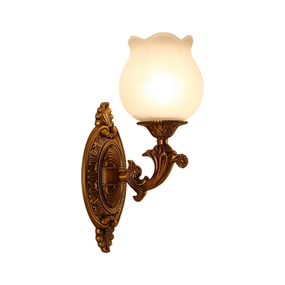 Brass Carved Wall Lamp Vintage Stylish Metallic 1 Light Bedroom Sconce Lighting with Milky Glass Flower Shade
