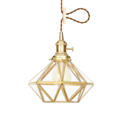 Brass Diamond Pendant Lamp Postmodern 1 Light Clear/Frosted Glass Suspension Light with Adjustable Rope
