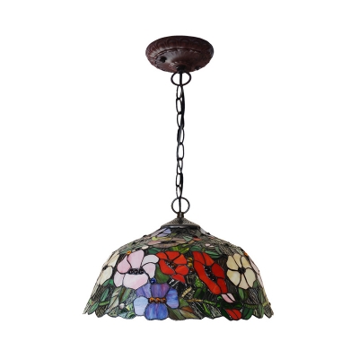 Bronze Flower Chandelier Lighting Mediterranean 2 Lights Red/Blue Cut Glass Suspension Lamp for Kitchen