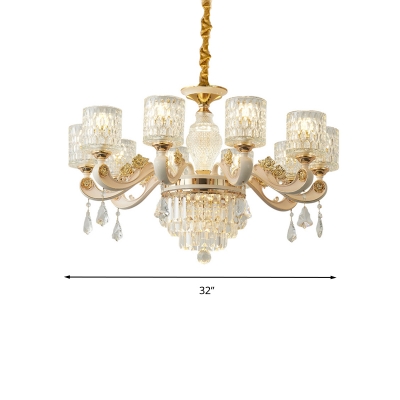 Cylinder Crystal Hanging Chandelier Modern 10 Lights Brushed Brass Pendant Lighting Fixture