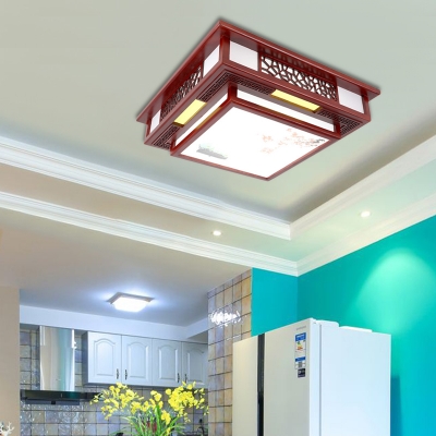 Dark Red LED Flush Mount Fixture Traditional Wooden Square Ceiling Mounted Light for Bedroom