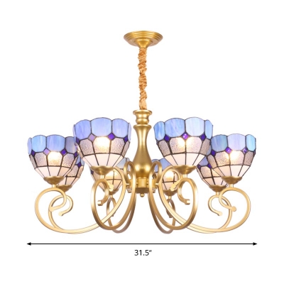 Domed Chandelier Lighting Mediterranean Frosted Glass 8 Lights Gold Ceiling Pendant for Bedroom