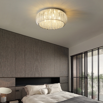 Drum Bedroom Flush Mount Light Crystal Strand 8 Lights Simple Style Ceiling Lamp in Chrome