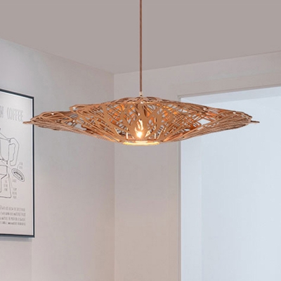Flat Pendant Lighting South-East Asia Wood 1 Head Beige Hanging Light Fixture with Cutout