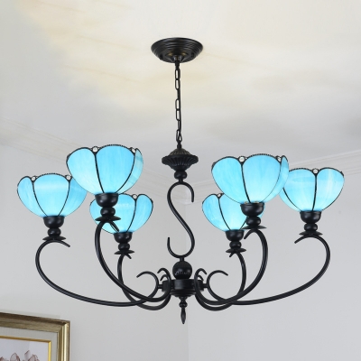 Flower Chandelier 3/5/6 Lights Blue/Blue and Clear Glass Tiffany Pendant Light for Living Room