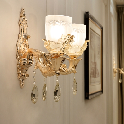 Gold Bowl Wall Mount Light Fixture Traditional Translucent Crystal 1/2 Heads Living Room LED Wall Sconce Lighting