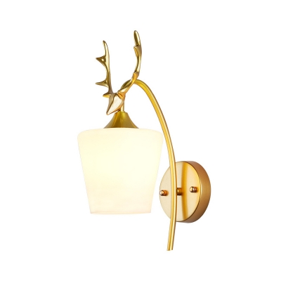 Gold Conical Wall Lighting Modern 1 Bulb Frosted White Glass Sconce Light Fixture with Metal Elk