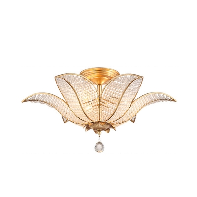 Gold Floral Ceiling Light Modernism 6 Lights Clear Beveled Crystal Bead Semi Flush Mount