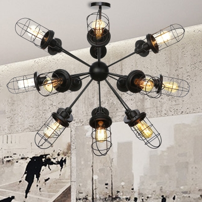 Industrial Style Sputnik Chandelier Lighting Metal 9/12/15 Lights Living Room Pendant Light with Cage Shade in Black