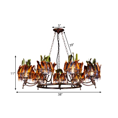 Iron Circular Chandelier Lamp Indian Style 9-Head Copper Finish Suspension Pendant with Feather Headwear Element