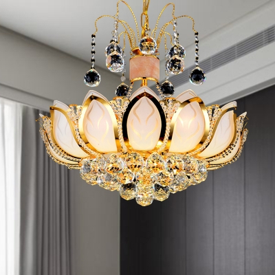 Lotus Hanging Light Fixture Modern Crystal Ball 4/5/8 Heads Gold Chandelier Lighting