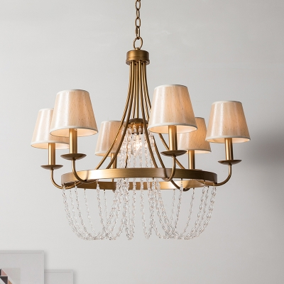 Metal Curved Arm Chandelier Lighting Tradition 6 Bulbs Hanging Ceiling Light in Brass with Tapered Fabric Shade