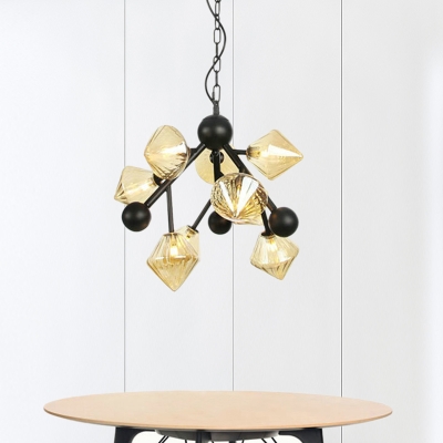 Metal Starburst Pendant Chandelier Modern 9 Bulbs Black Hanging Ceiling Light with Amber Glass Shade