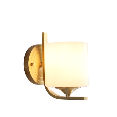 Milk Glass Drum Wall Lighting Fixture Modernism Style 1 Light Bedside Wall Sconce Lamp in Brass
