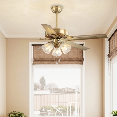 Milk Glass Gold Ceiling Fan Lamp Floral 3 Heads Traditional Semi Flush Mount Light for Living Room