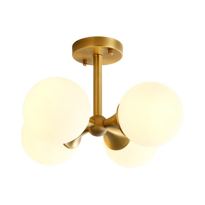 Milky Glass Round Semi Flush Modernist 4 Heads Ceiling Mount Light Fixture in Gold