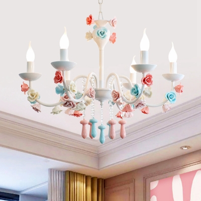 Modern Kids Candle Chandelier Light with Rose Decoration Metal Hanging Pendant Light for Girls