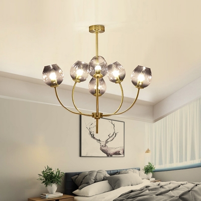 Modernism Cup Ceiling Chandelier Smoke Glass 6 Heads Living Room Pendant Light Fixture with Metal Curved Arm