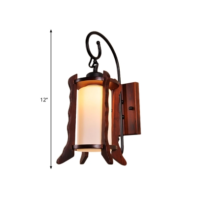 Modernist Lantern Sconce Light Fixture Frosted Glass and Wood 1 Bulb Bedroom Red Brown Wall Lamp with Curved Arm