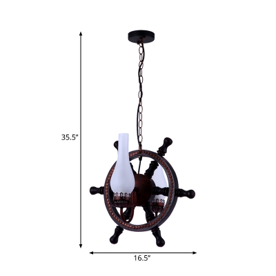 Nautical Steering Wheel Pendant Lamps Wood and Glass 2 Heads Hanging Ceiling Lights for Restaurant