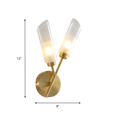 Oblique Tube Wall Light Post Modern Clear Glass 2-Light Brass Finish Wall Light Sconce