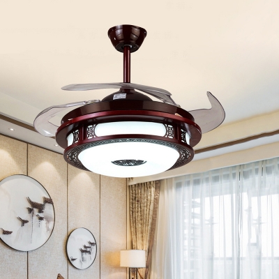 Red Brown Round Ceiling Fan Lamp Traditional Metal LED Study Room Semi Flush Light, Wall/Remote Control/Frequency Conversion