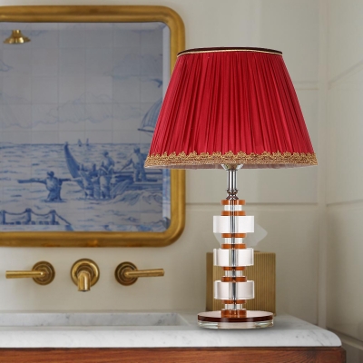 Retro Conical Table Lamp Single Head Clear Crystal Nightstand Light in Red with Fabric Pleated Shade