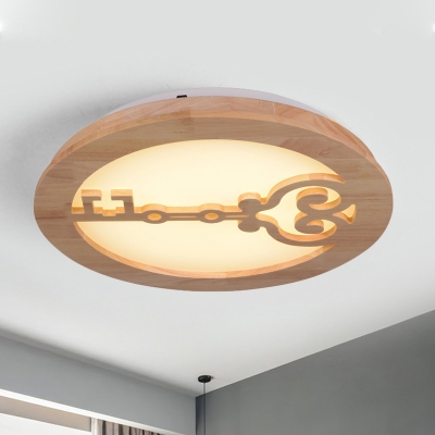 Round Living Room Flush Ceiling Light Wood Led Contemporary Style Flush Mount in Beige with Key Pattern
