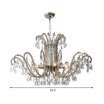 Rural Swooping Arm Chandelier Lamp 5/8 Lights Crystal Suspension Lamp in Aged Silver for Living Room