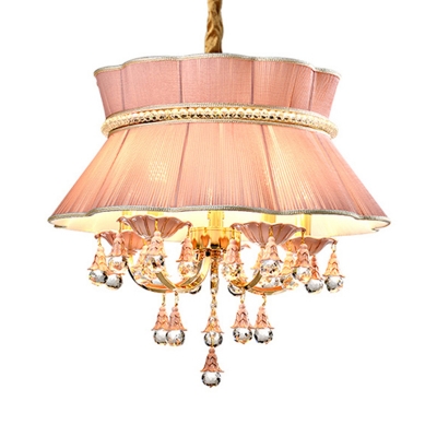 Scalloped Dining Room Hanging Ceiling Light Traditional Fabric 5 Heads Blue/Pink Chandelier Light