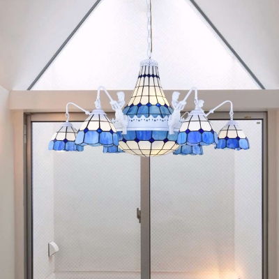 Stained Glass White Chandelier Light Dome 13 Lights Baroque Suspension Pendant for Bedroom