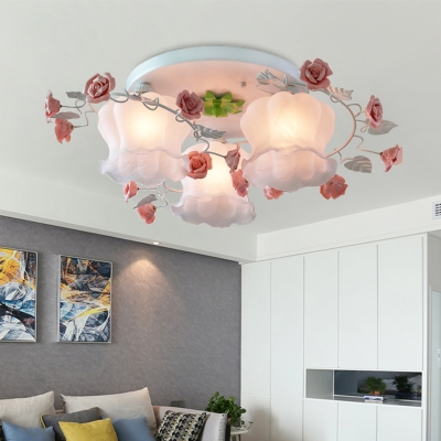 Traditional Bloom Ceiling Mounted Light 3 Bulbs Opaline Glass Flush Mount Light Fixture in Pink for Bedroom