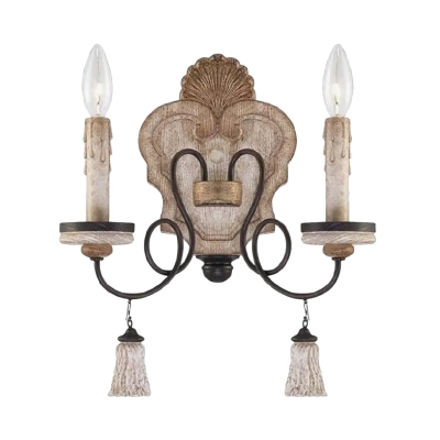 Traditional Candle Sconce Light Fixture 2 Lights Wood Wall Lamp in Black/White for Living Room