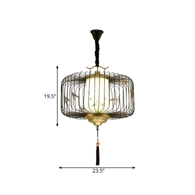 Traditional Drum Drop Lamp 1 Head Fabric Pendant Ceiling Light in Black for Dining Room, 19.5