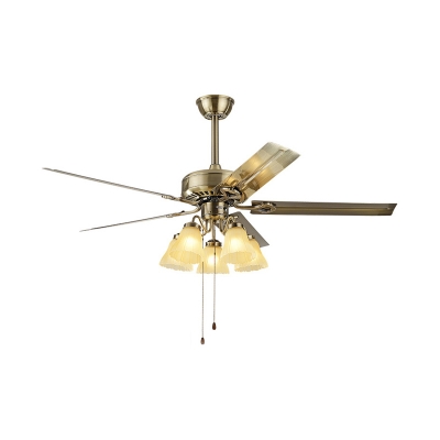 Vintage Blossom Ceiling Fan Lighting 5 Bulbs Milky Glass Semi Flush Mount Light Fixture in Gold, Wall/Remote Control/Pull Chain