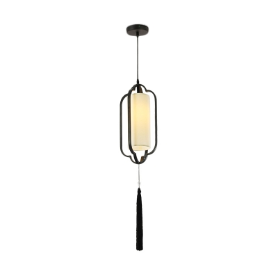 Vintage Caged Hanging Pendant 1 Head Opal Frosted Glass Suspended Lighting Fixture in Black/Brass for Dining Room