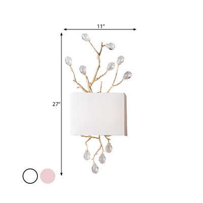 White 2 Lights Wall Lighting Idea Traditional Fabric Rectangle Sconce Light with Pink/Clear Crystal Droplet