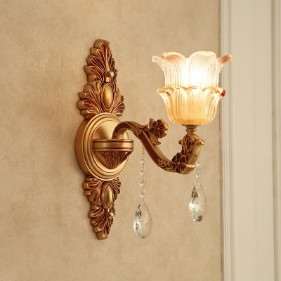 1/2 Bulbs Frosted Glass Sconce Traditionalist Brass Floral Living Room Wall Mounted Light with Clear Crystal Drop