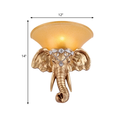 1 Bulb Flared Wall Sconce Lodge Style Yellow Glass Wall Lighting with Golden Elephant Design for Bedroom