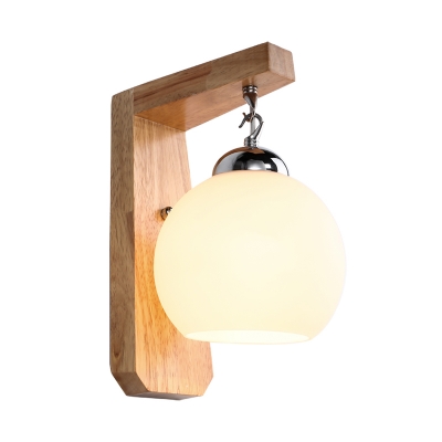 1 Bulb Living Room Sconce Light Chinese Beige Wall Mounted Light with Globe Milky Glass Shade