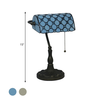 1 Head Beaded Banker Table Light Tiffany Beige/Blue Glass Nightstand for Bedroom with Pull Chain