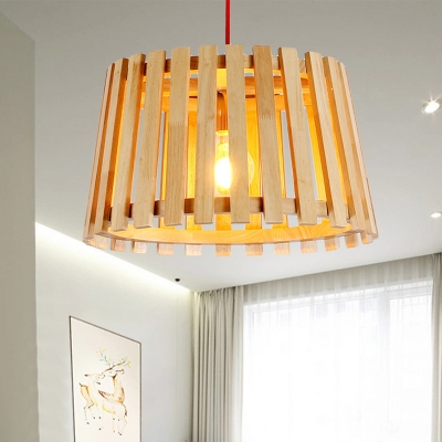1 Head Bedroom Pendant Light Asia Beige Ceiling Suspension Lamp with Cone Wood Shade