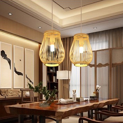 1 Light Dining Room Pendant Lamp Asia Style Beige Hanging Light Kit with Pawpaw Bamboo Shade