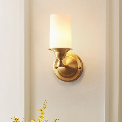1 Light Sconce Light with Cylindrical Shade Milk Glass Modern Style Living Room Wall Mounted Lamp in Brass